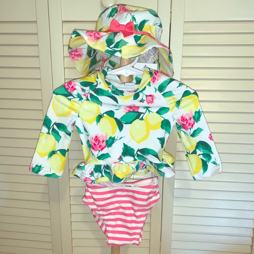 Janie and Jack baby lemon swimsuit & hat 0-6 mths.
